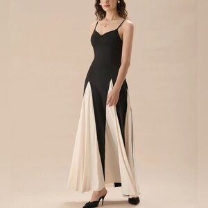 Rihoas Women's Black Contrasting Pleated Slip Maxi Dress